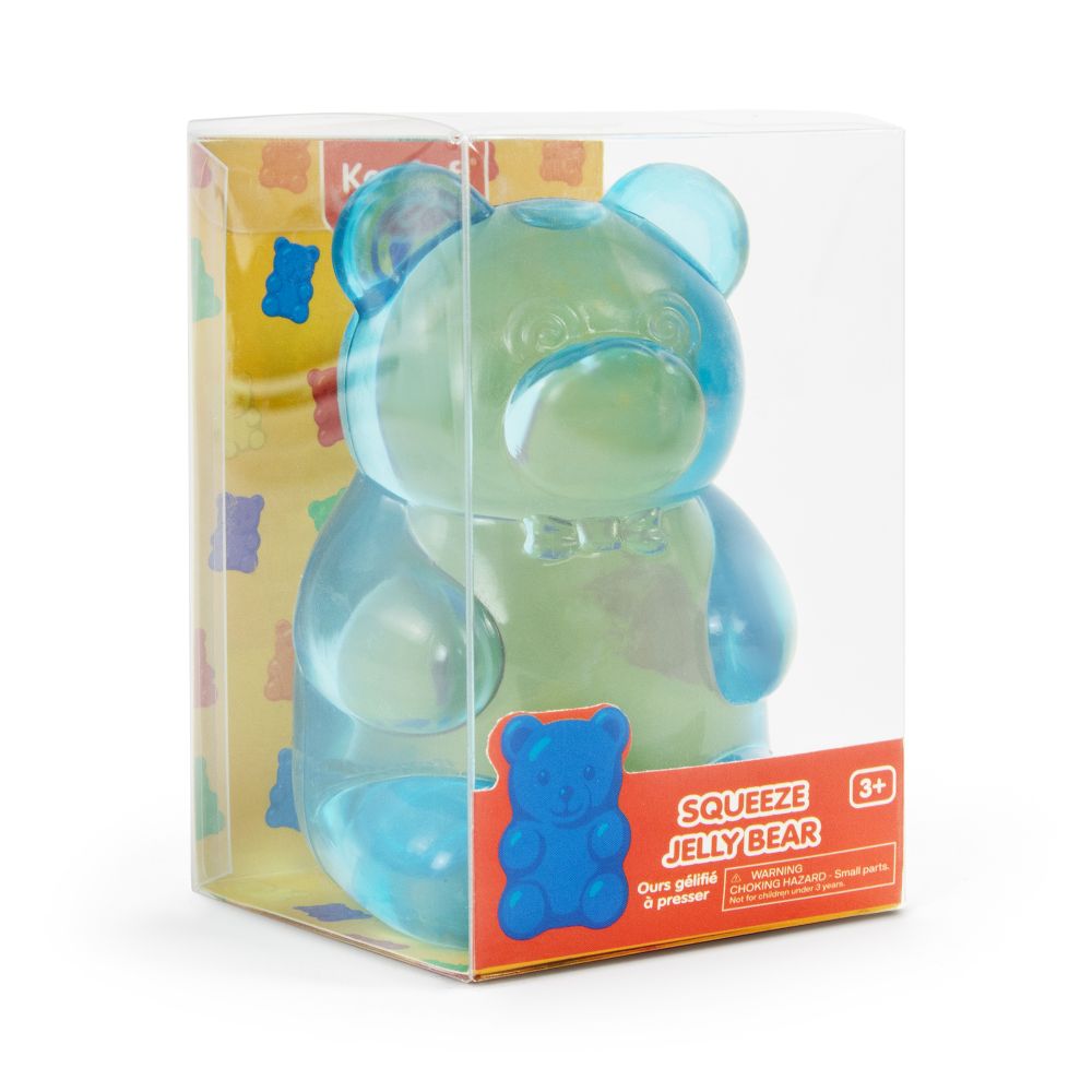 Keycraft Squeeze Jelly Bear box angled view, blue green jelly bear sensory toy packaging
