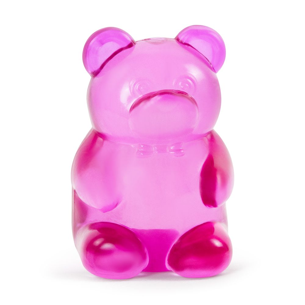 Bright pink jelly bear squishy toy front view, sensory fidget toy with bow tie detail