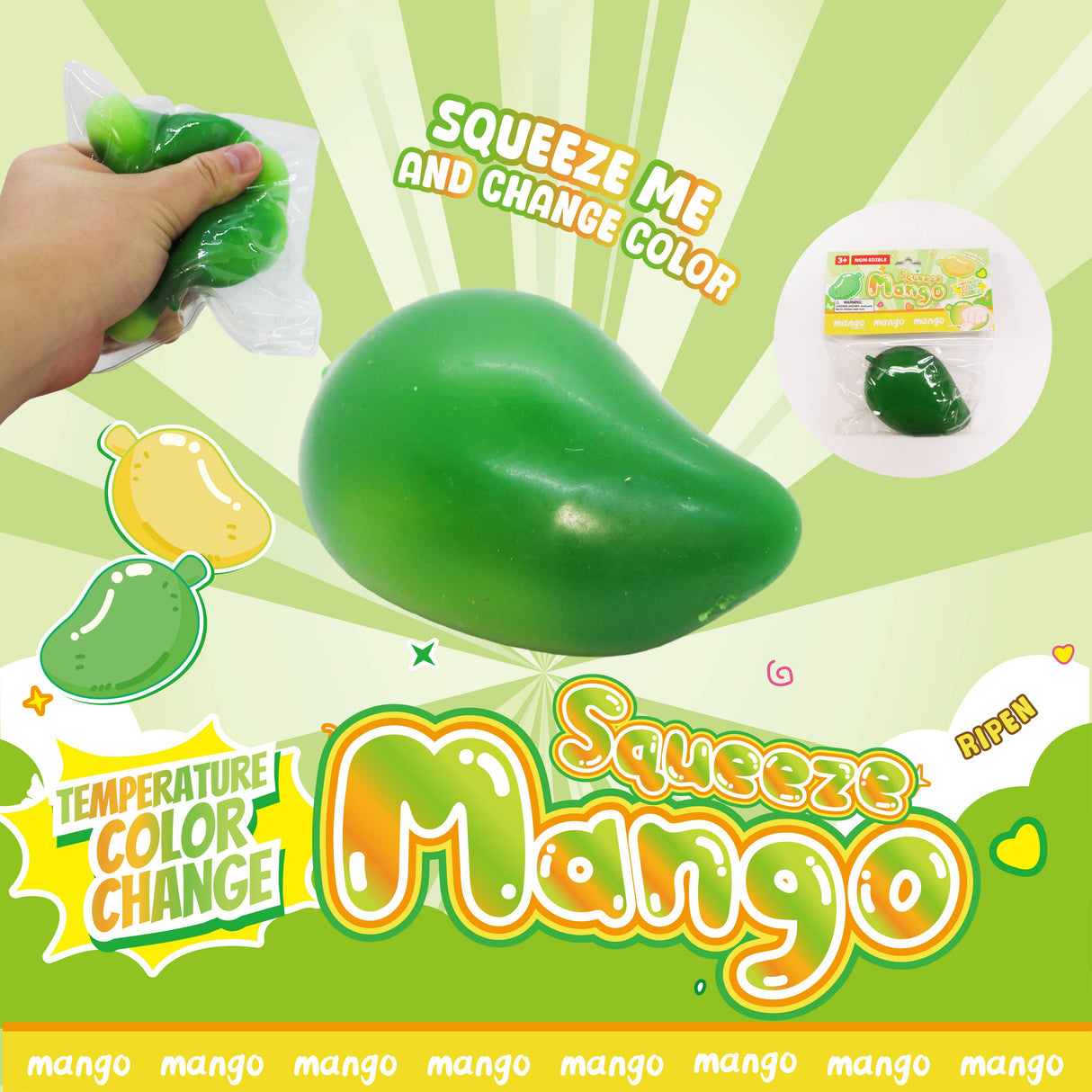 Temperature color change mango toy with green color change on a green background