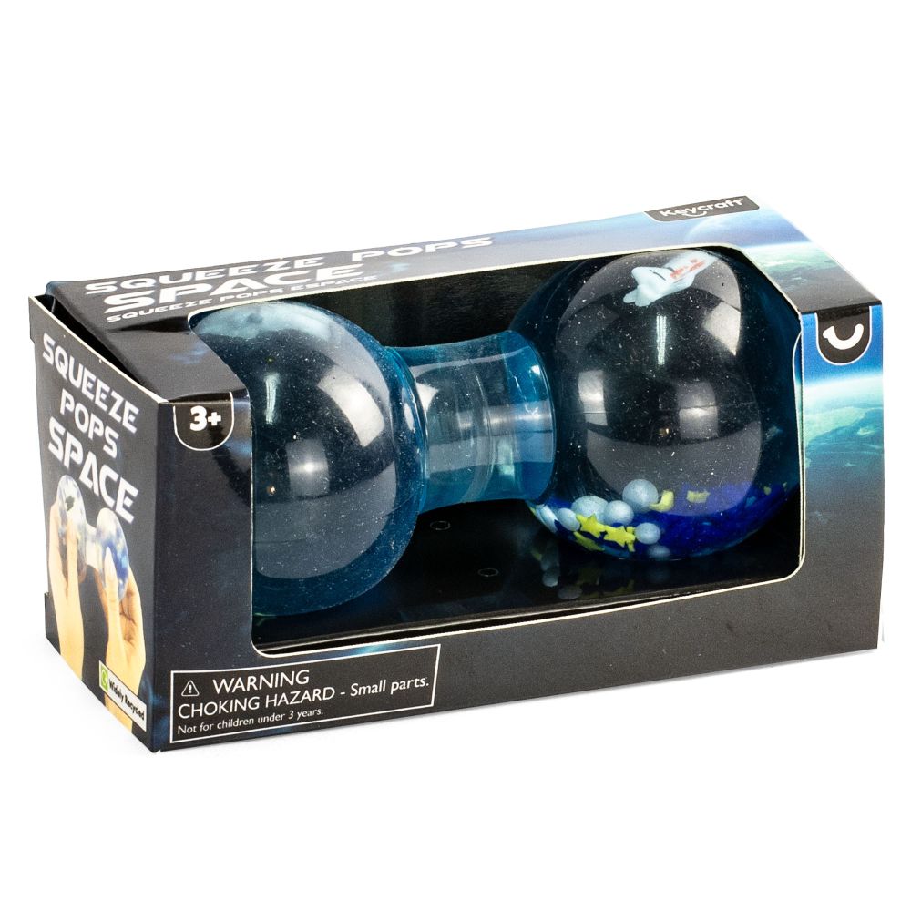 Squeeze Pops Space double sphere glitter sensory toy shown in dark space-themed Keycraft packaging, side view