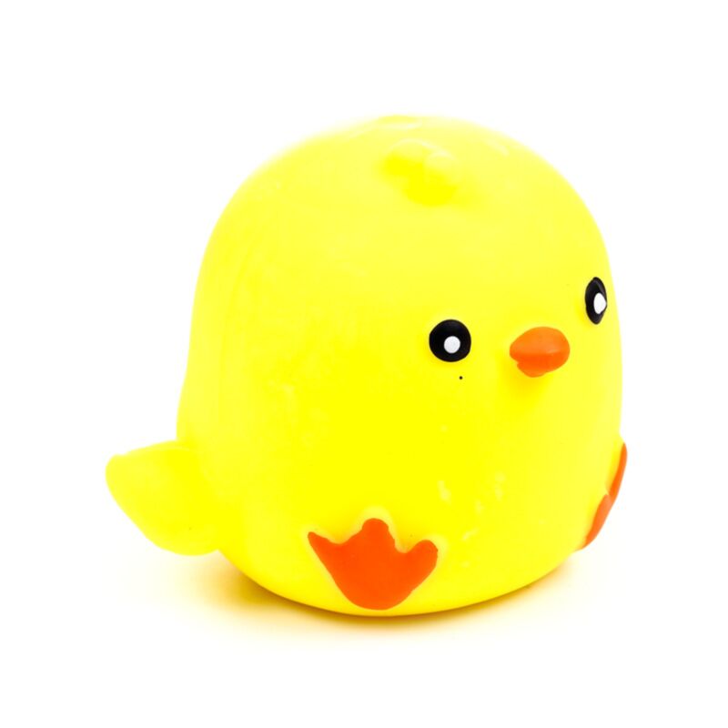Yellow Squeezies Springtime Chick squeeze toy showing face, beak and feet from the front