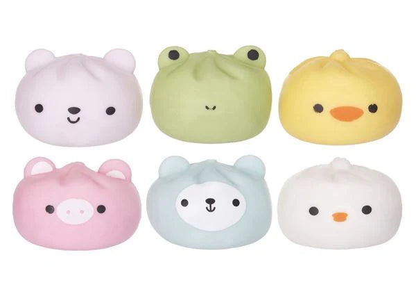 All six Squeezy Dumplings kawaii animal squishies displayed together — bear, frog, chick, pig, blue bear, and duck