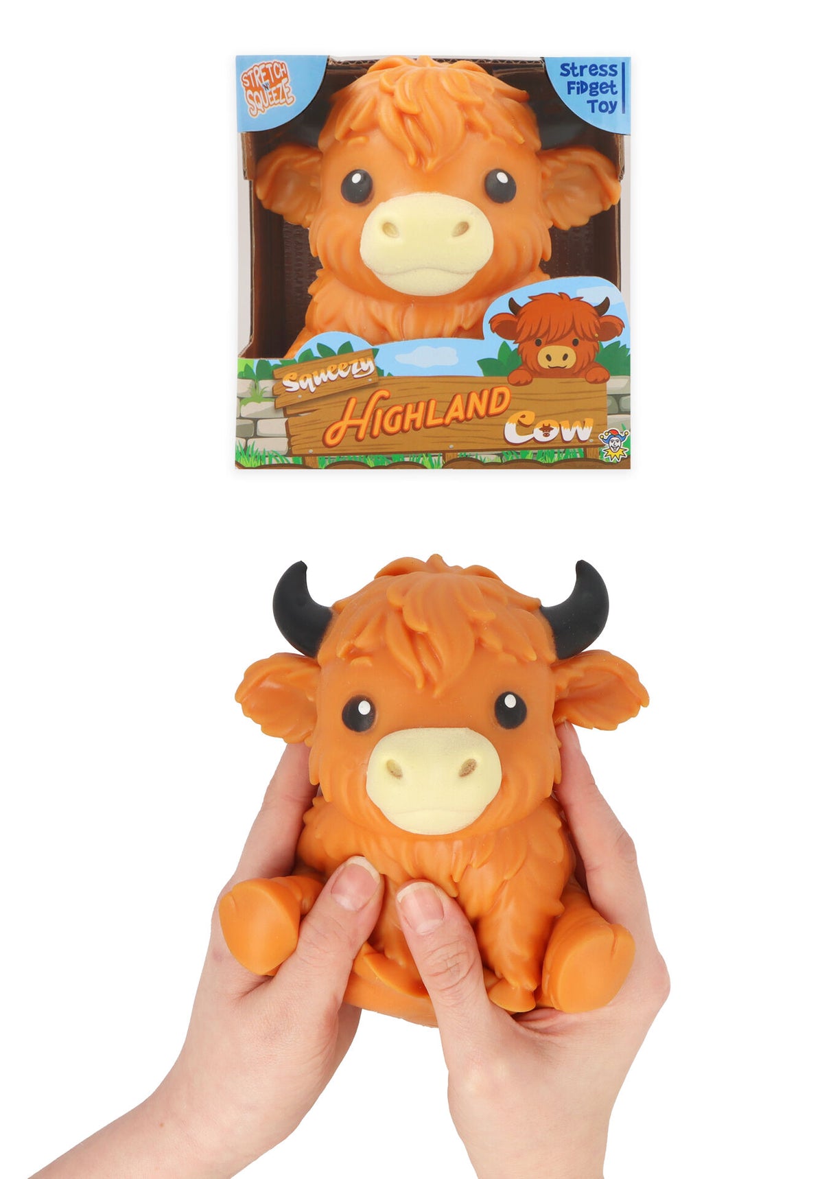 Squeezy highland cow stress fidget toy shown in hands and in box