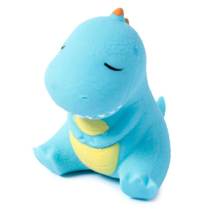 Squeezy-O blue kawaii dinosaur squishy stress toy, side view