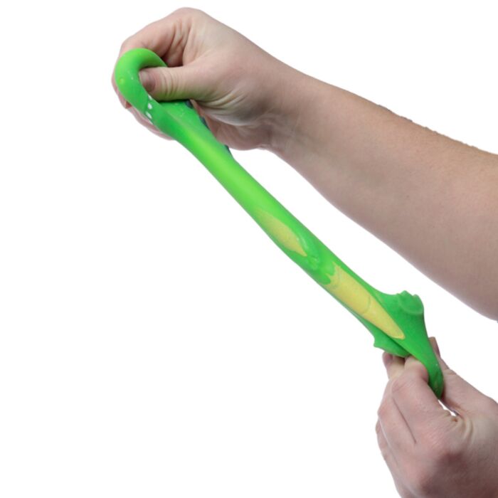 Squeezy-O green dinosaur stretch squishy toy pulled between two hands