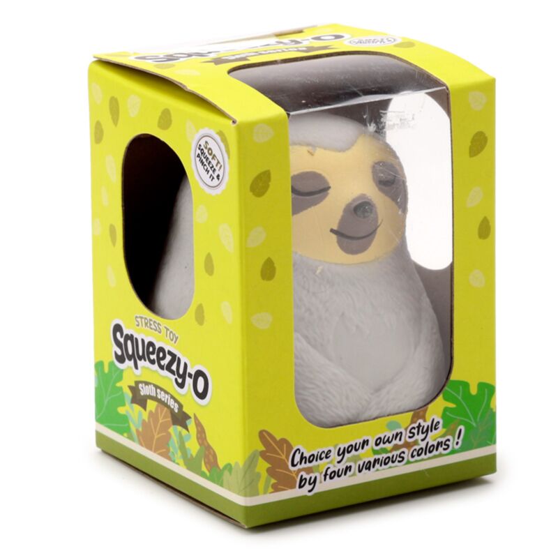 Grey Squeezy-O sloth stress toy in yellow window box packaging with choice of four colours