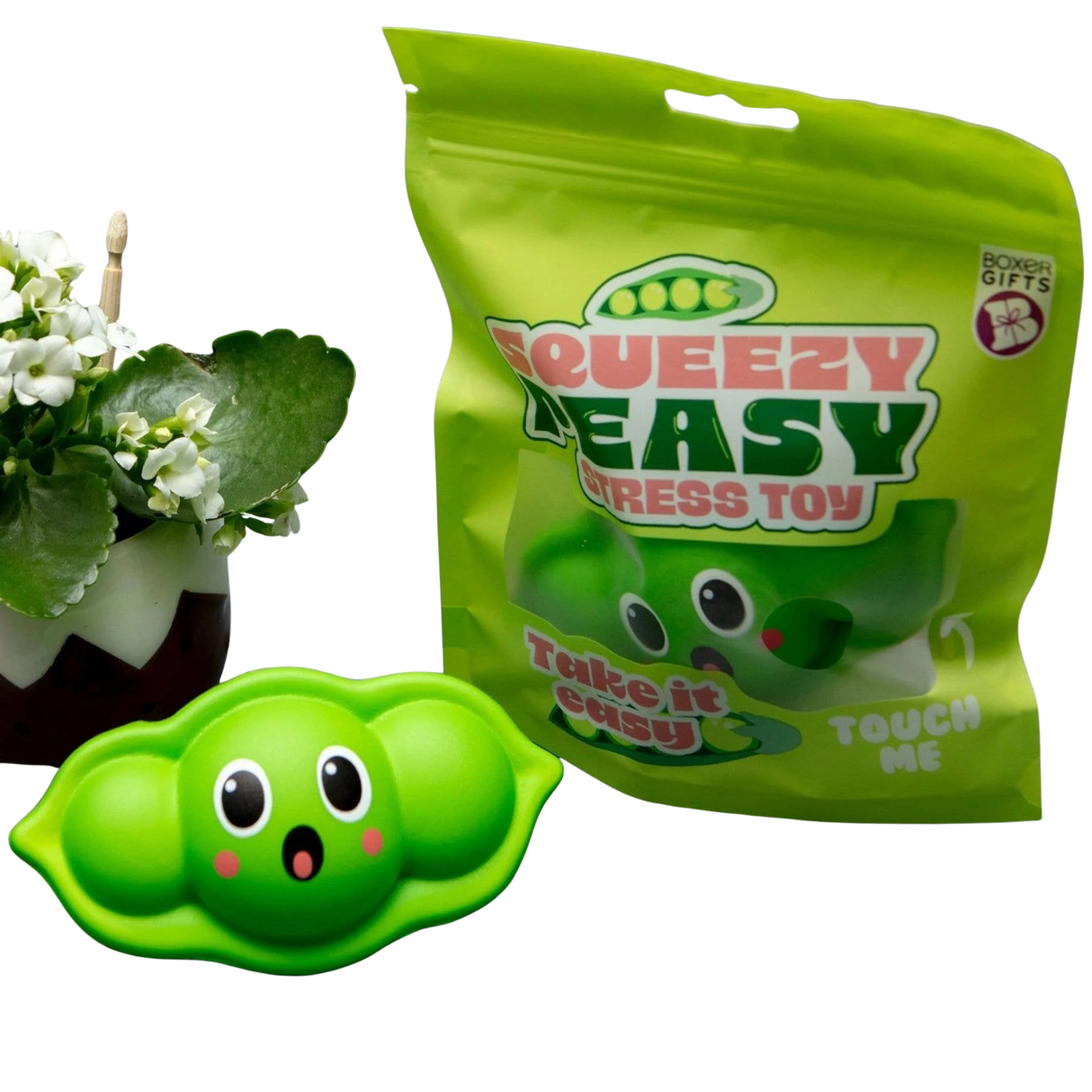 Green stress toy with packaging labeled 'Squeezy Peasy' on a white background.