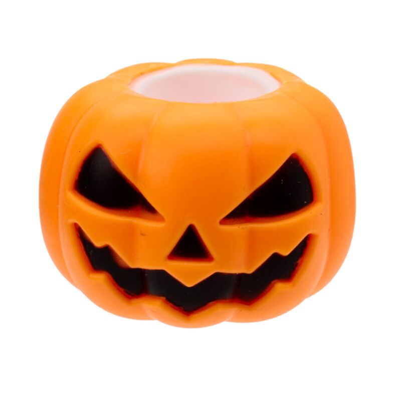 Front angled view of the orange Squeezy Pumpkin Ghost Pop Out toy with hollow top