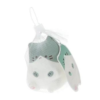 Green and white kawaii sitting cat squidgy squishy toy in mesh gift bag with tag