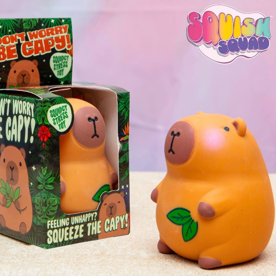 An orange capybara-shaped squishy toy shown next to its branded retail box. The box is green with cartoon capybara graphics and text including 'DON'T WORRY BE CAPY!' and 'FEELING UNHAPPY? SQUEEZE THE CAPY!'.