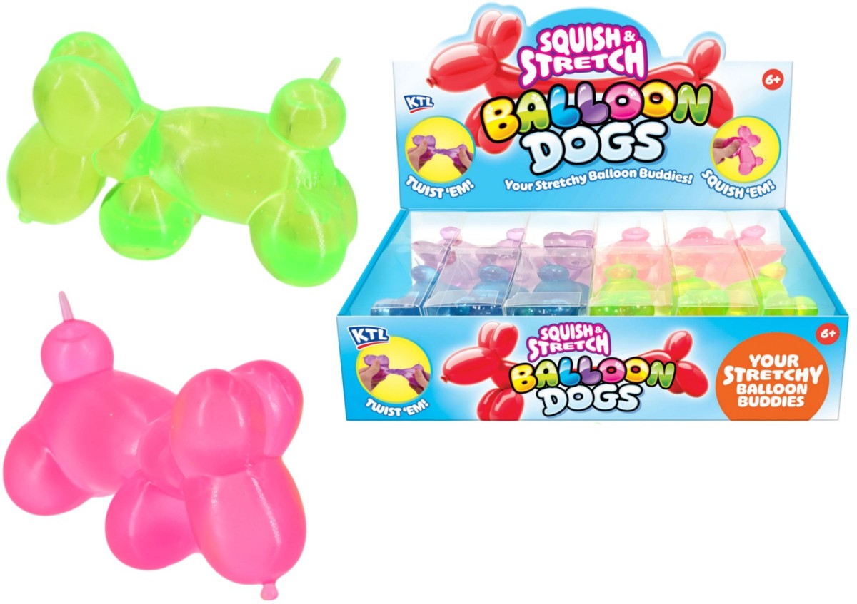 Squidgy Balloon Dog neon green and pink squishy maltose sugar filled sensory fidget toys alongside display box