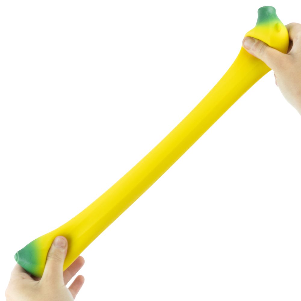 Two hands stretching a yellow sand-filled squishy banana fidget toy to show its elasticity