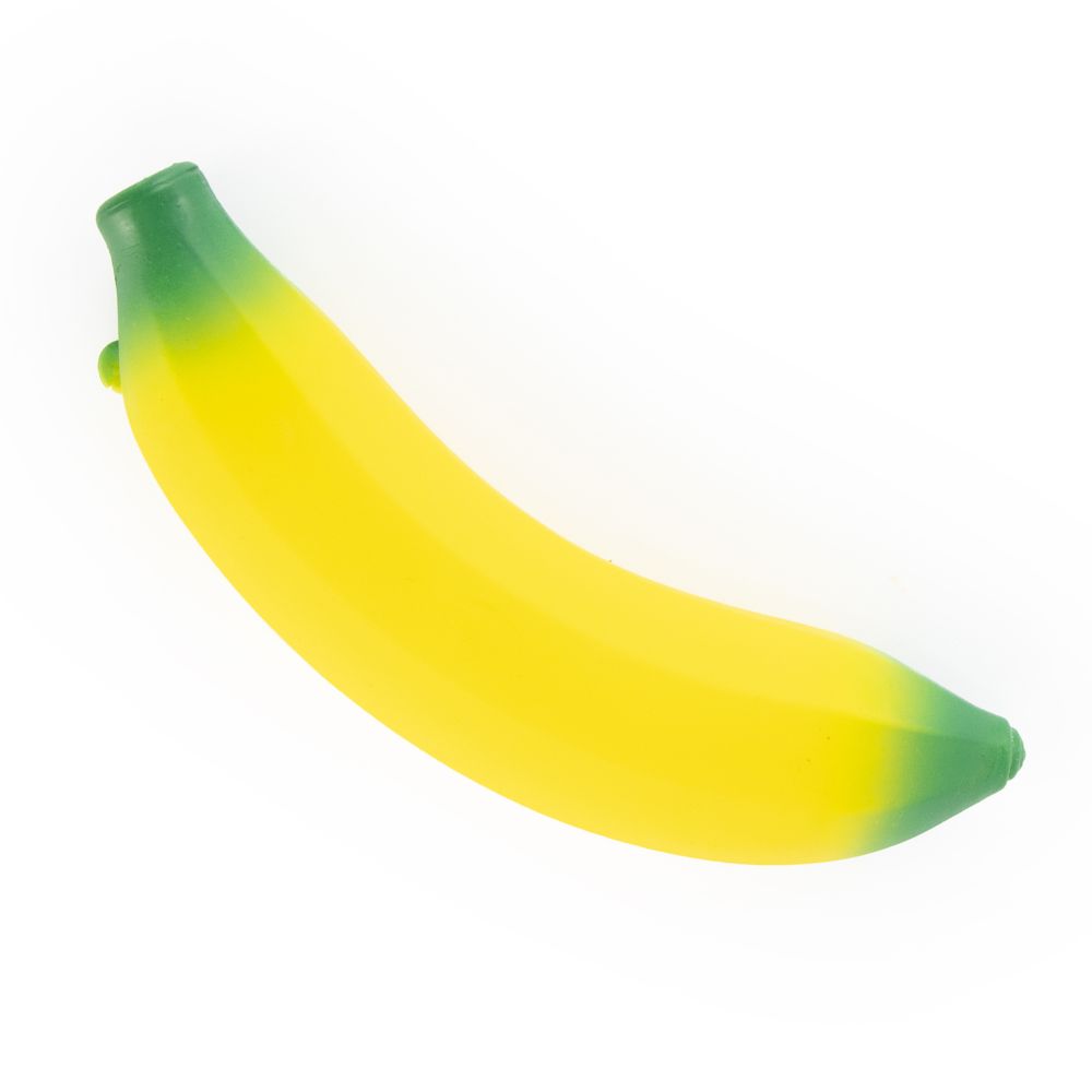 Yellow sand-filled squishy banana fidget toy lying flat, showing realistic shape and green tips