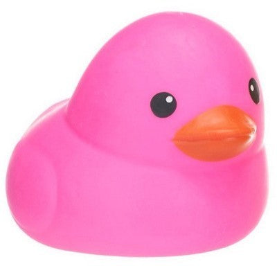 Hot pink squishy duck toy close-up showing detail and orange beak