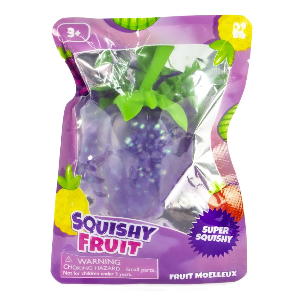 Purple glitter gel grape squishy fidget toy shown in its retail packaging