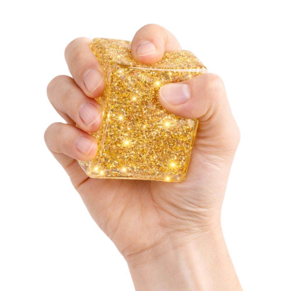 Gold glitter squishy cube sensory stress toy being squeezed