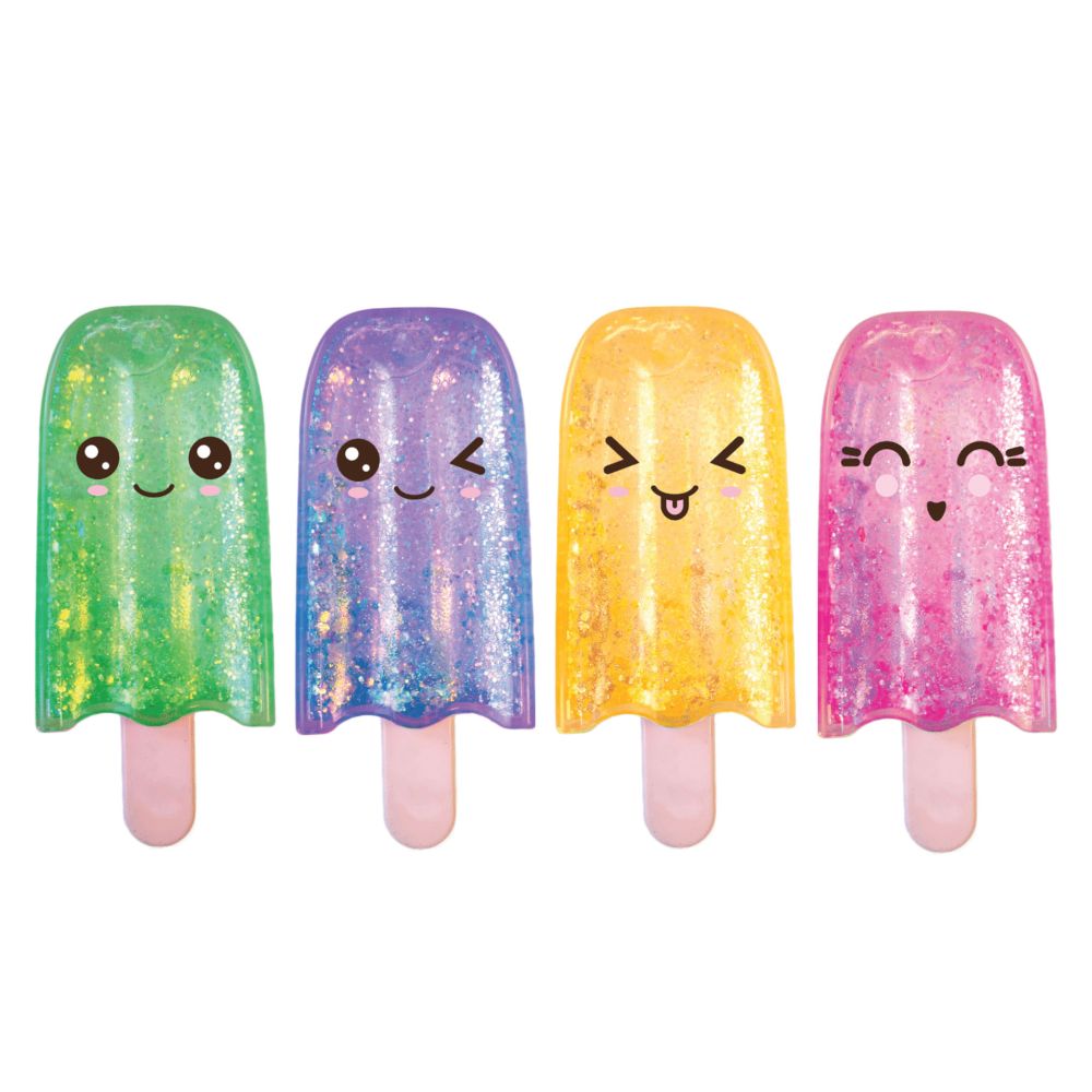 Four kawaii squishy glitter pop fidget toys in green, purple, yellow and pink, shown together