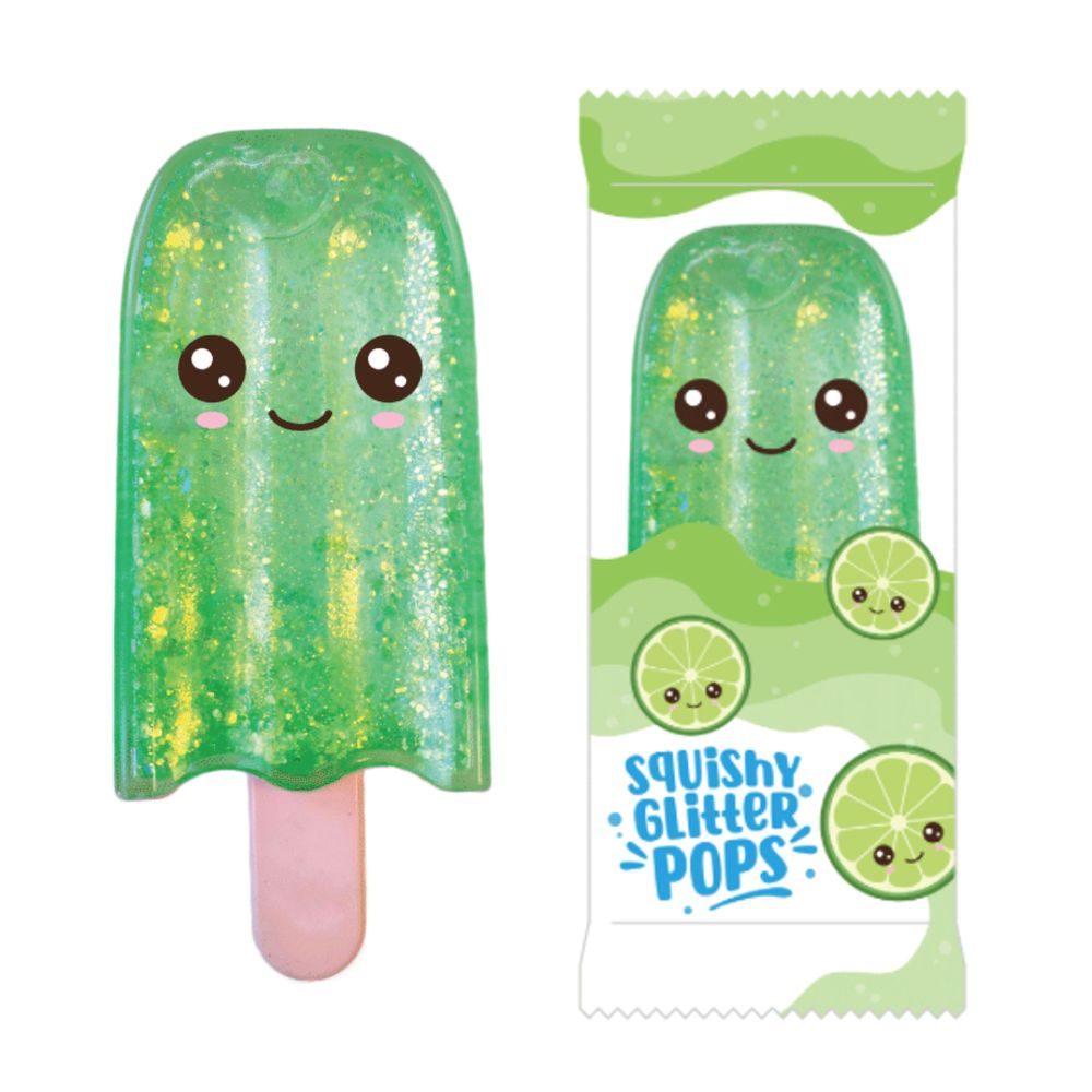 Green lime kawaii squishy glitter pop fidget toy shown next to its lime-themed retail packaging
