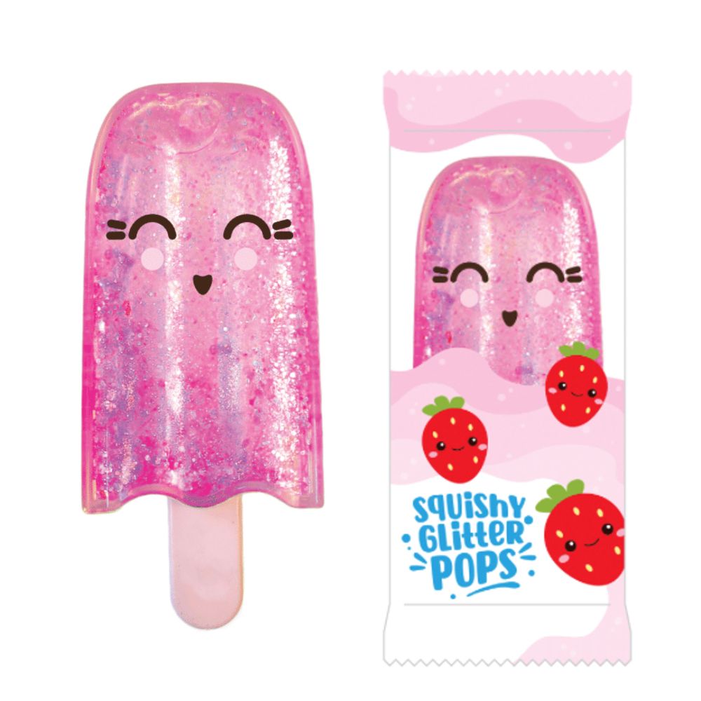 Pink strawberry kawaii squishy glitter pop fidget toy shown next to its strawberry-themed retail packaging