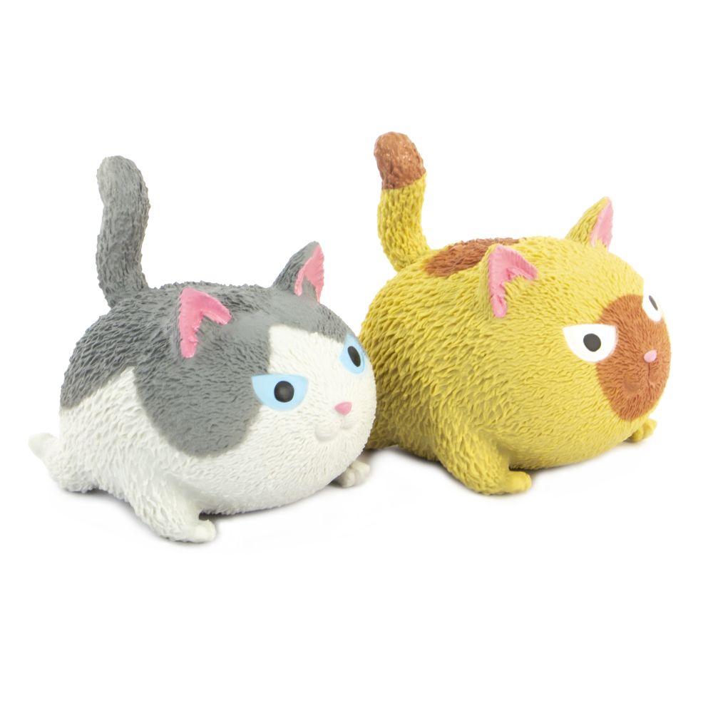 Grey and white and golden siamese squishy cat fidget toys shown side by side