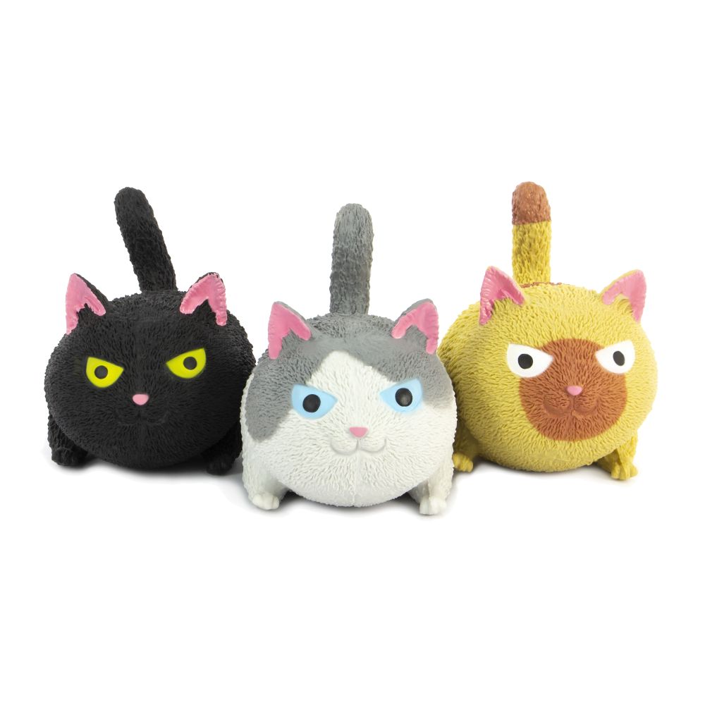 Three squishy grumpy cat stress toys in black, grey and white, and golden siamese colourways