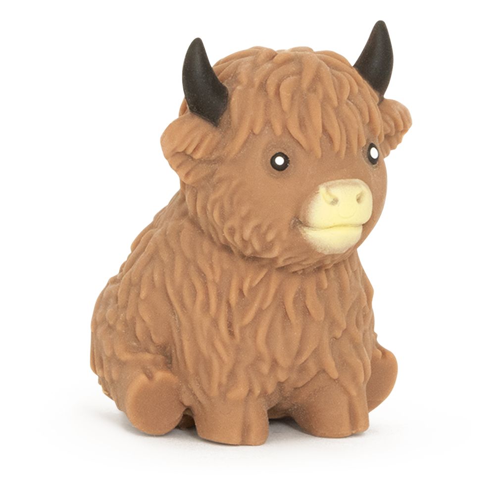 Close-up of dark brown Squishy Highland Cow showing detailed shaggy coat texture slow rise sensory fidget toy