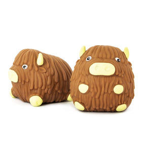 Two views of a brown squishy Highland Cow fidget toy showing textured fur detail from front and back