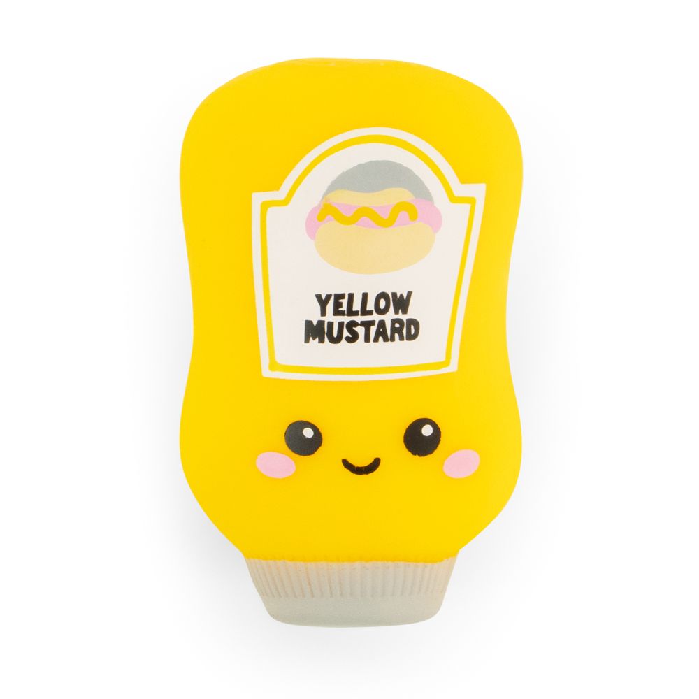Yellow Mustard kawaii squishy sauce bottle fidget toy standing upright showing smiling face detail
