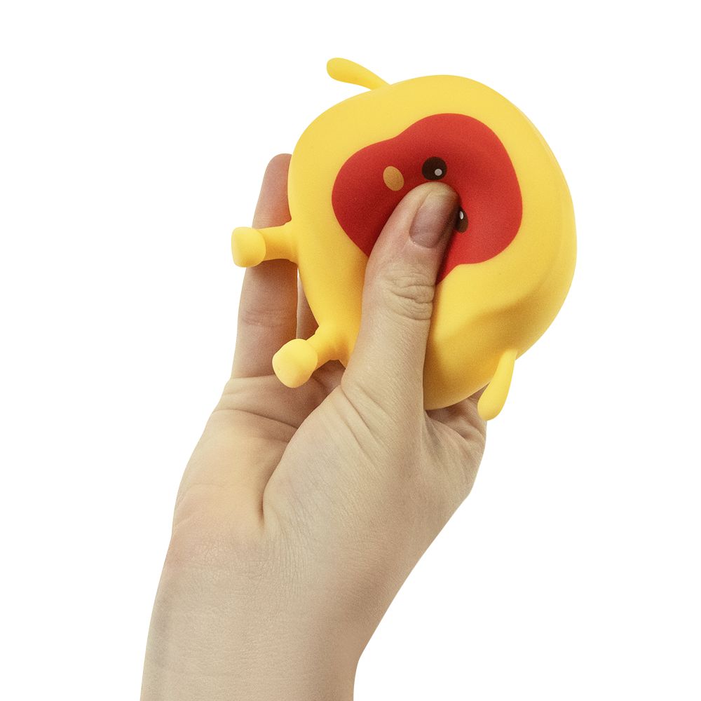 Yellow squishy toast toy with jam being squeezed, soft sensory fidget toy for stress relief