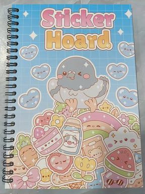 Kawaii Sticker Hoard spiral book with pigeon and kawaii sweet treats cover design on blue background