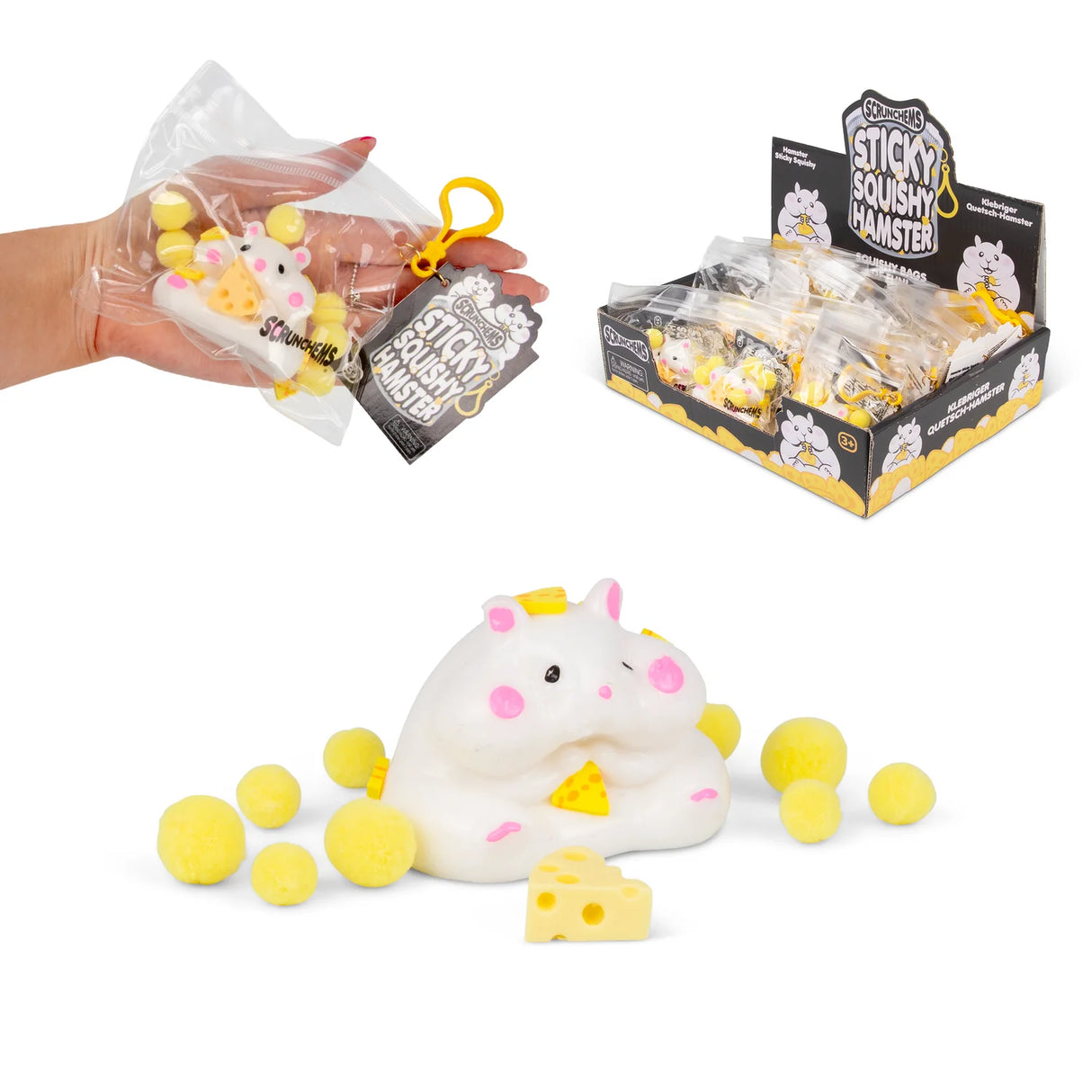 Scrunchems Sticky Squishy Hamster retail display box with packaged hamster in hand and loose hamster with pom poms and cheese below