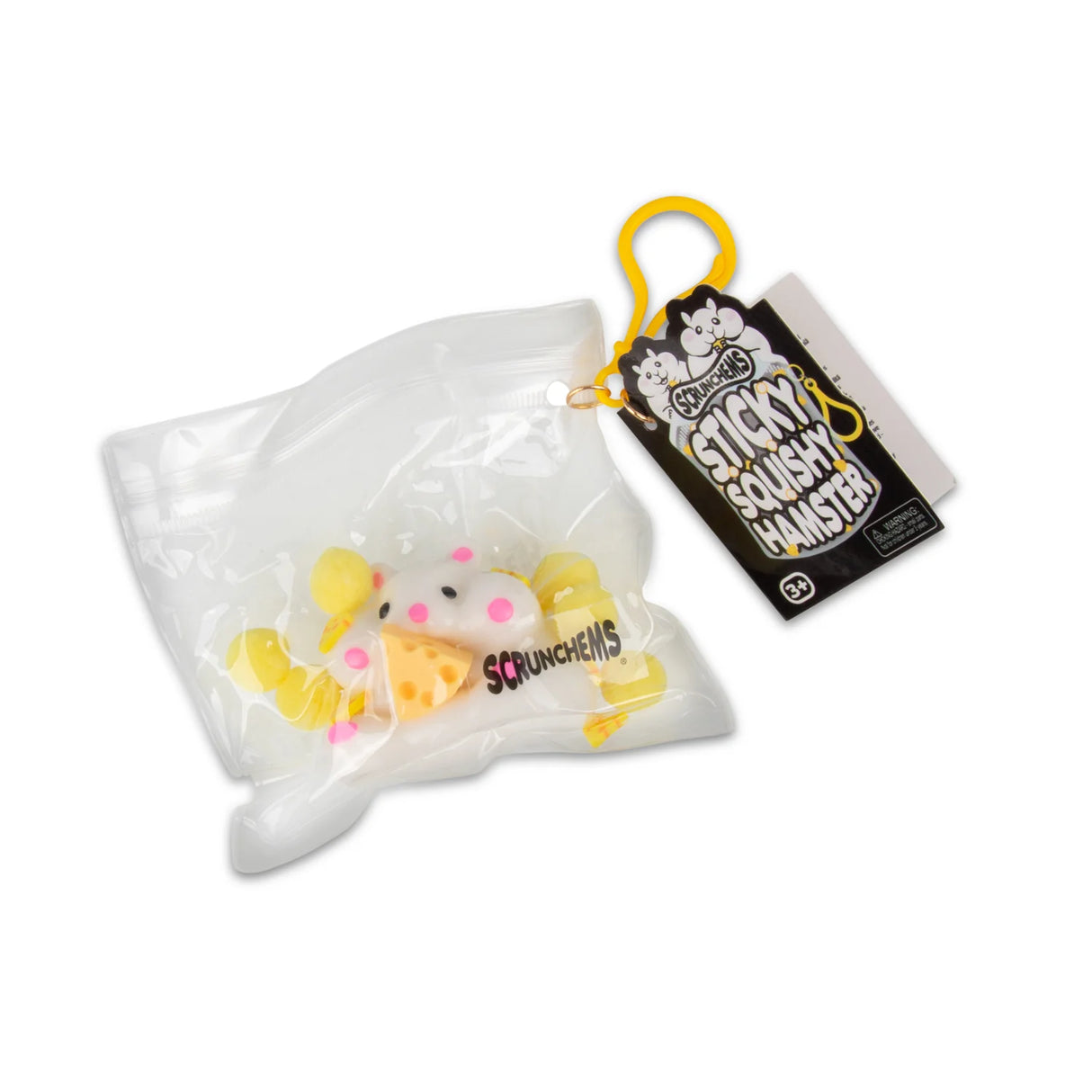 Scrunchems Sticky Squishy Hamster in clear zip bag with yellow clip tag and Sticky Squishy Hamster label