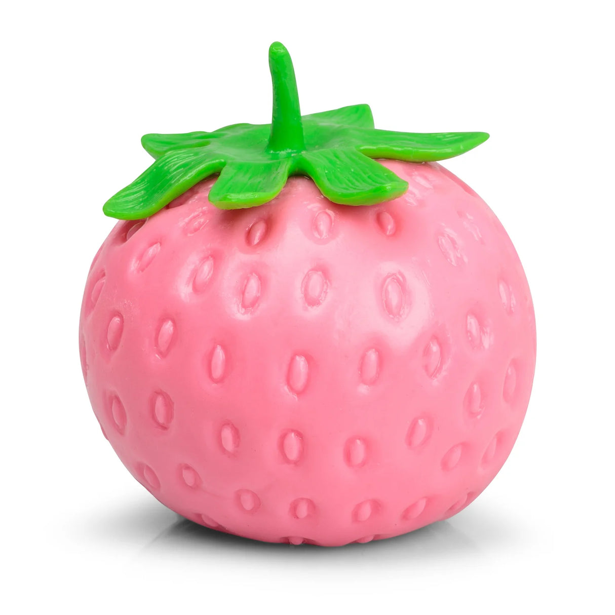 Pink strawberry squishy stress toy standing upright, showing textured surface and green leaf top