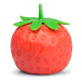 Red strawberry squishy stress toy standing upright with detailed seed texture and green stem