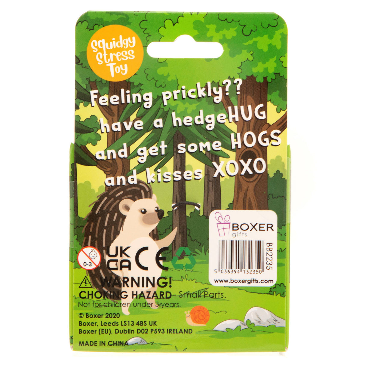 Back of the Stress Hog gift box with hedgehog illustration and product details