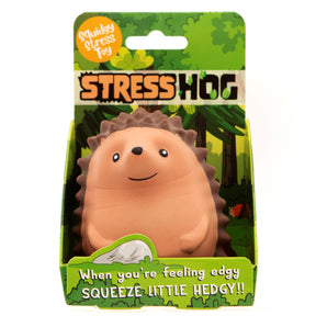 Front of the Stress Hog gift box showing the hedgehog squishy inside its nature-themed packaging