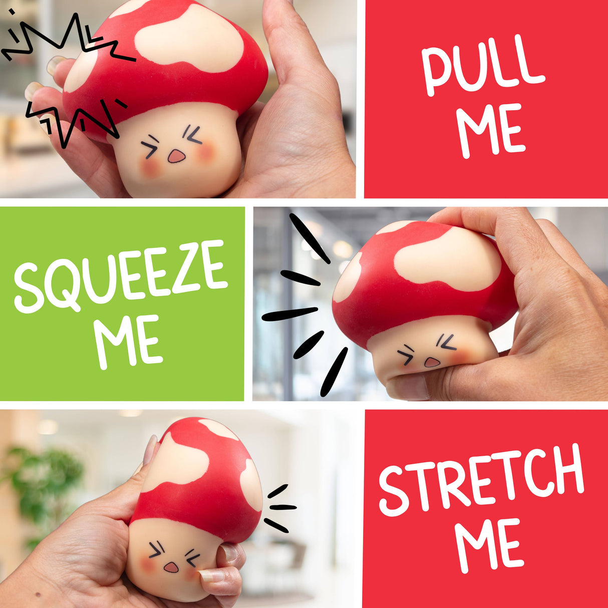 Collage showing the Stress Shroom mushroom squishy being pulled, squeezed, and stretched