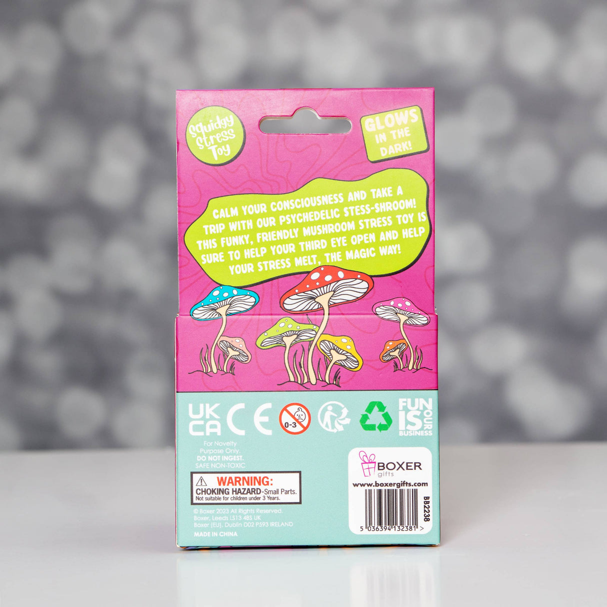 Back of the Stress Shroom gift box showing mushroom illustrations and product details