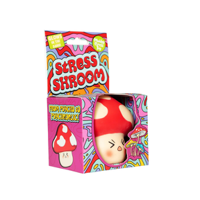 Stress mushroom toy with colorful packaging on a white background