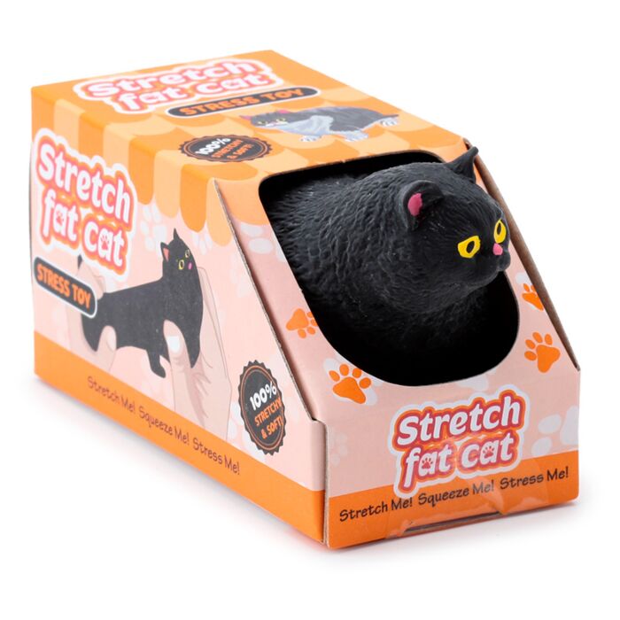 Black stretch fat cat stress toy displayed in its orange Stretch Fat Cat branded retail box