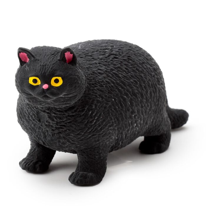 Black stretch fat cat stress toy with yellow eyes and pink ears on a white background