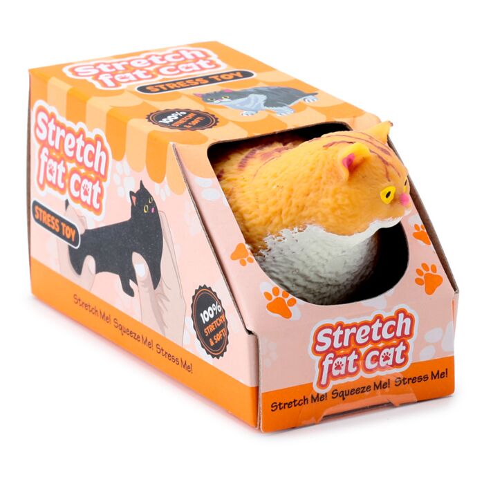 Ginger tabby stretch fat cat stress toy peeping out of its orange Stretch Fat Cat branded gift box