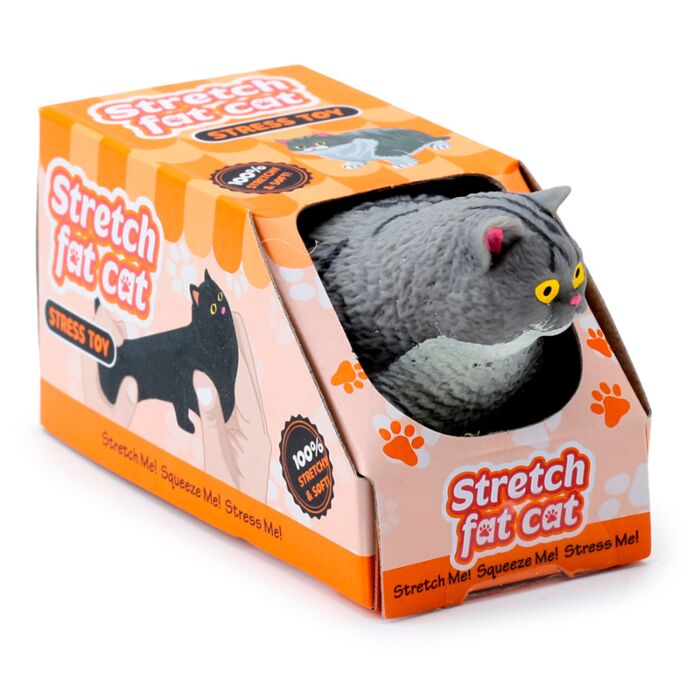 Grey tabby stretch fat cat stress toy shown sitting in its orange Stretch Fat Cat branded gift box