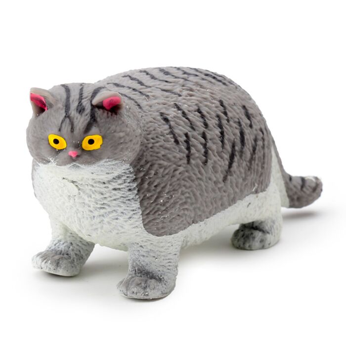 Close-up of grey tabby stretch fat cat stress toy showing textured rubber finish and yellow eyes