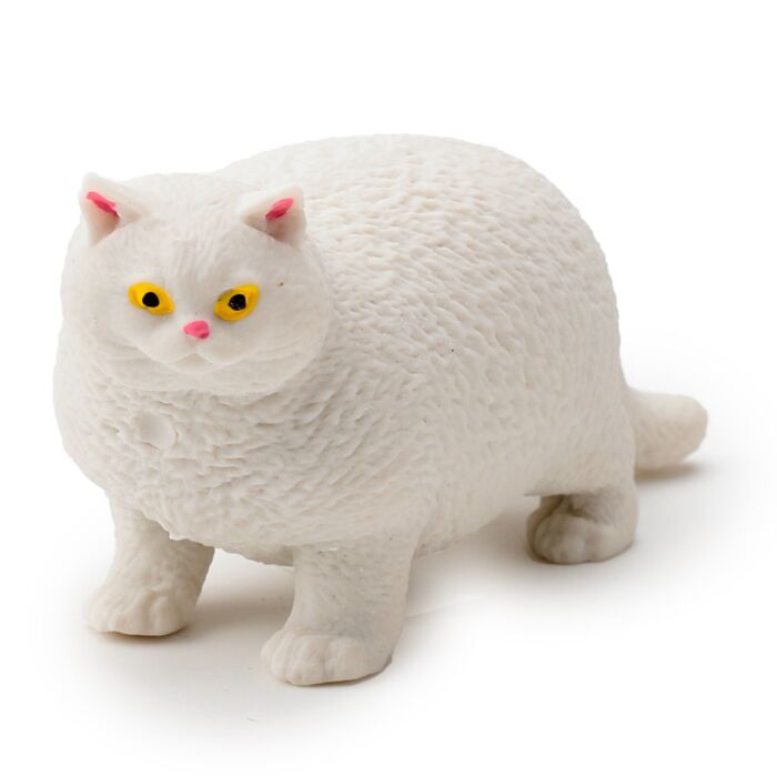 White stretch fat cat stress toy with soft textured finish and yellow eyes