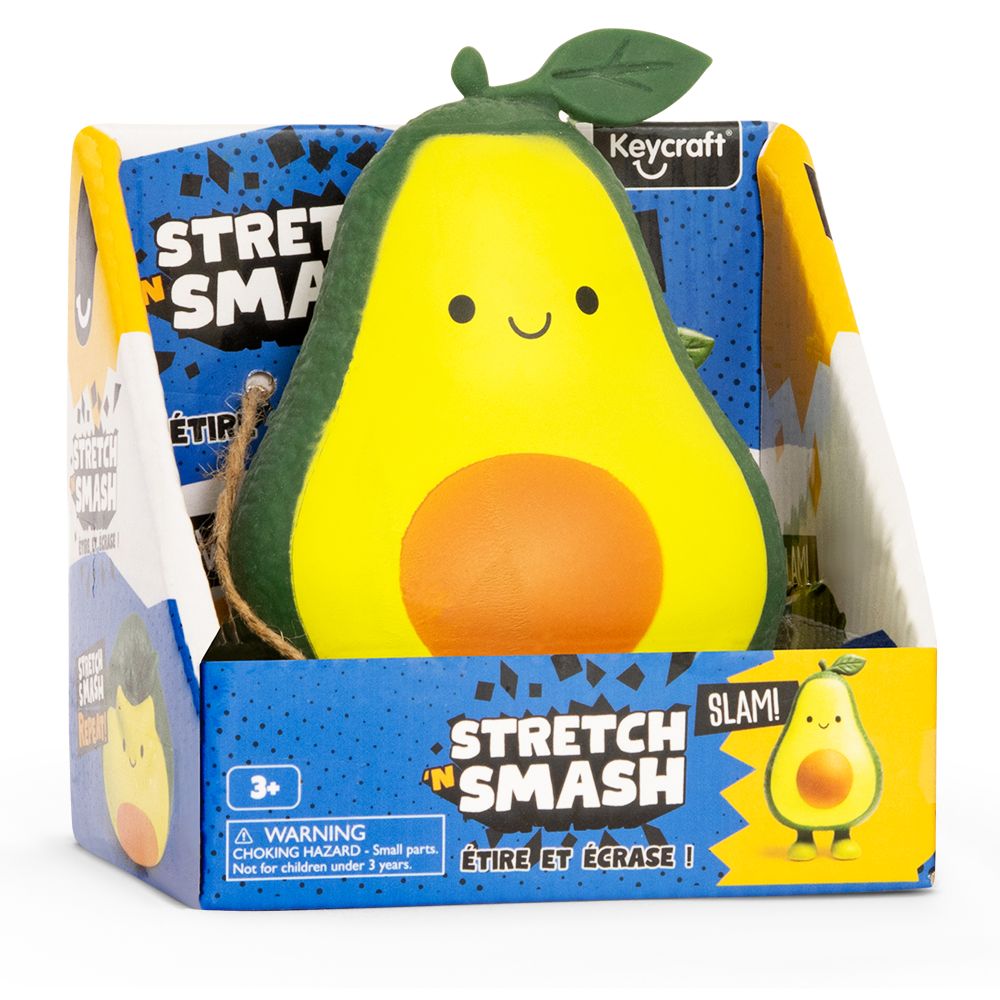 Kawaii avocado Stretch N Smash fidget toy shown in its retail box packaging by Keycraft