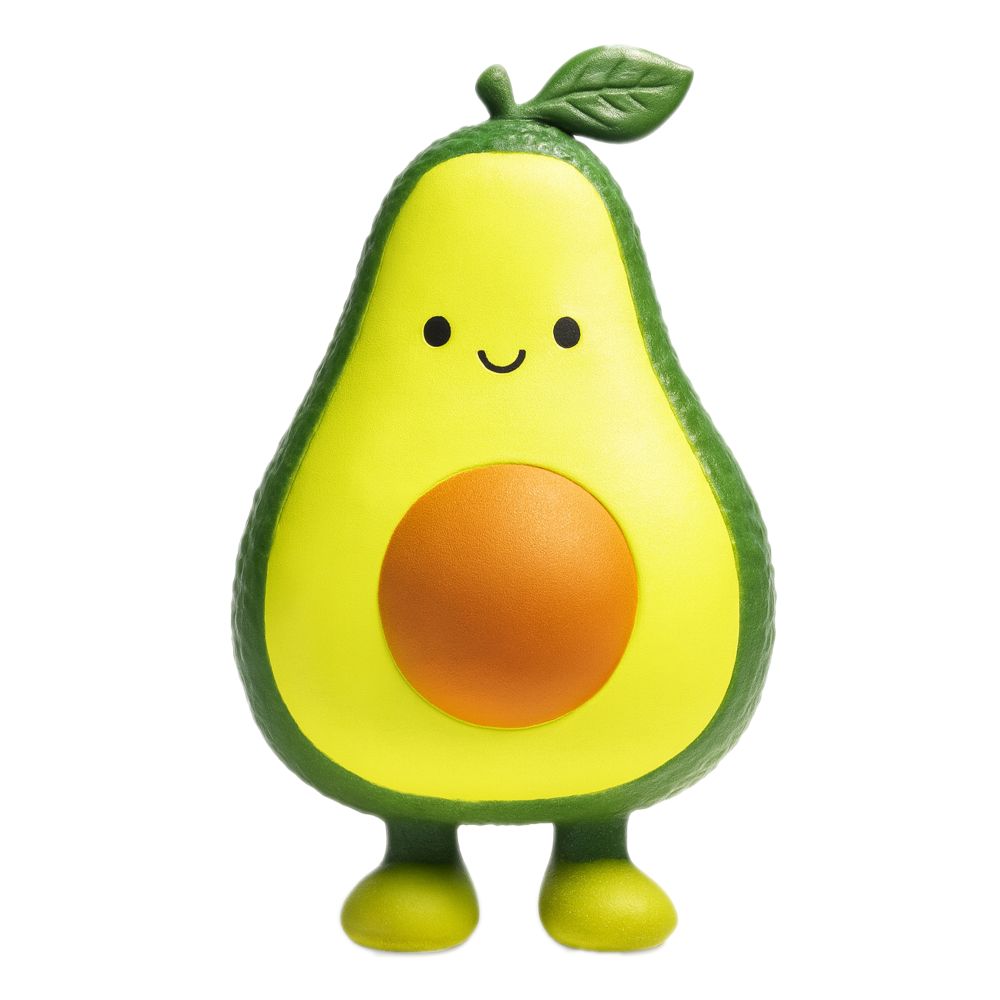 Kawaii avocado Stretch N Smash fidget toy standing upright showing smiling face, green skin and orange stone