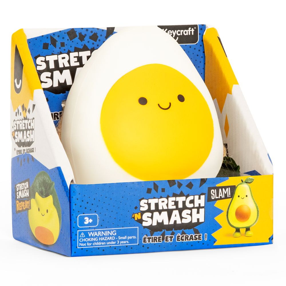 Kawaii egg Stretch N Smash fidget toy shown in its retail box packaging by Keycraft