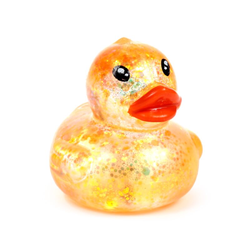 Orange glitter Stretchies Duck squishy fidget toy shown from the front