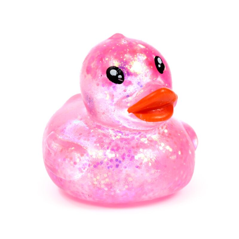 Pink glitter Stretchies Duck squishy fidget toy shown from the front